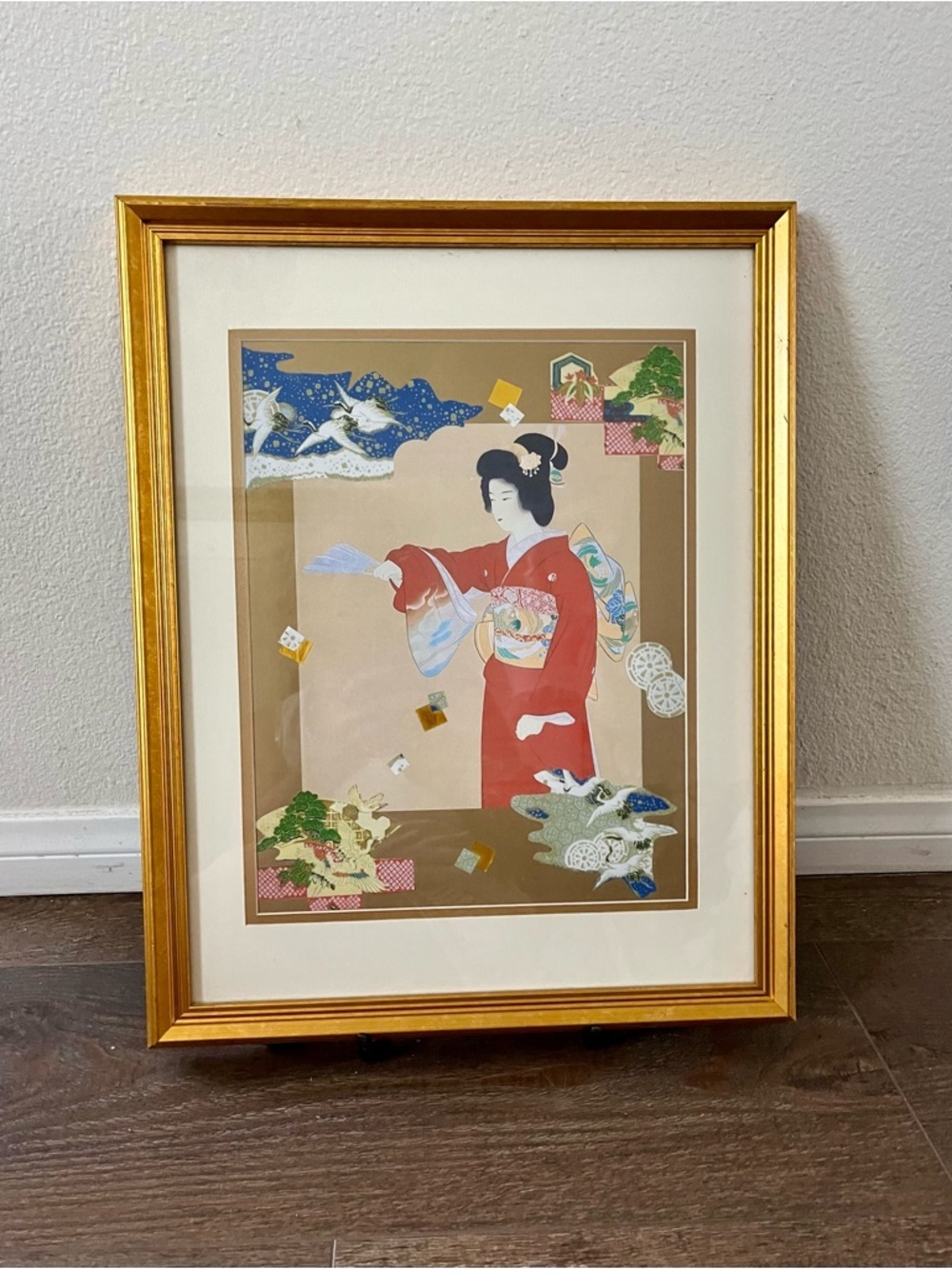 Framed Japanese Geisha Art Print in Red Kimono